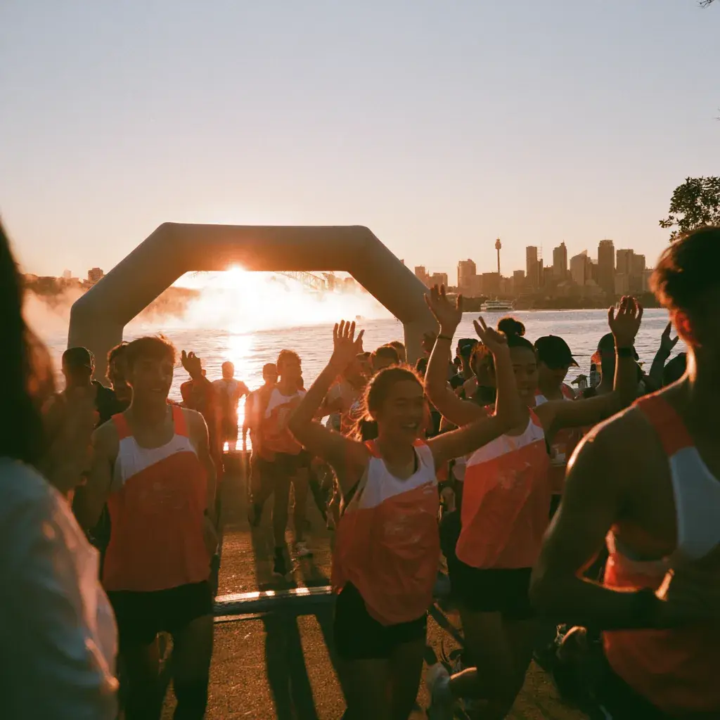 Sunrise run-club crew celebrating at the waterfront finish line